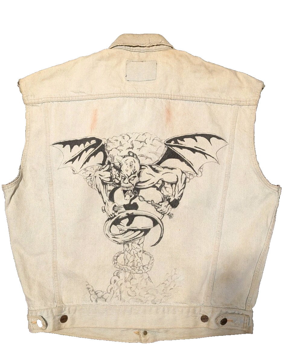 Vtg Edwin Jeans  Custom Denim Vest   Hand Drawn  Distressed SzM1