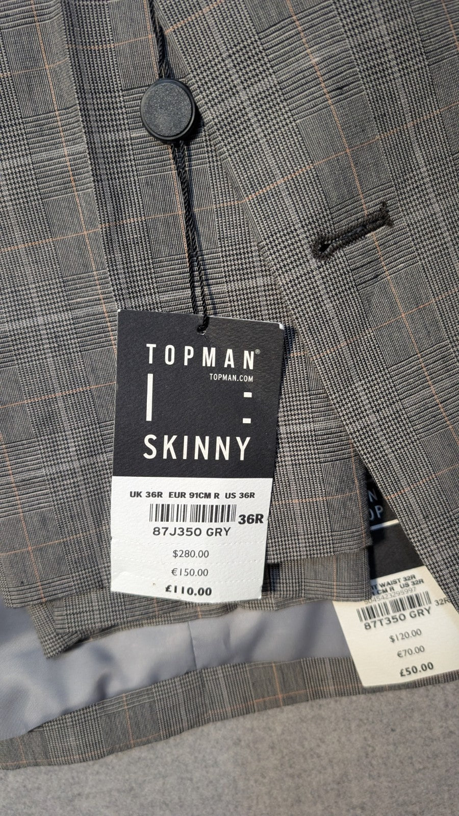 Topman Light Gray Plaid Suit Jacket(36R) & Pants(32R) - New With Tags10