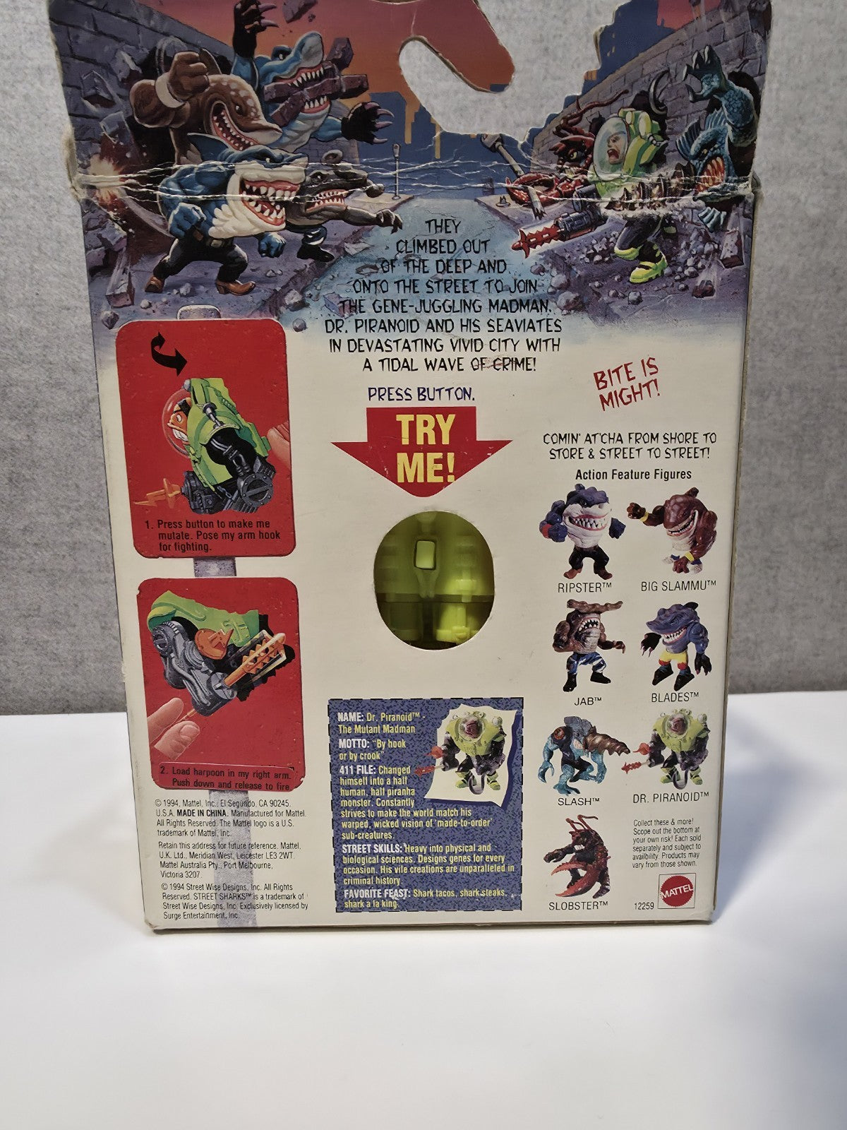 Vtg Street Sharks DR PIRANOID figure  100% original 1994 w missile & Box3