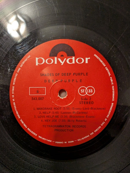 Deep Purple ‎– Shades Of Deep Purple- 12" Vinyl Record - 1968- Canada 2
