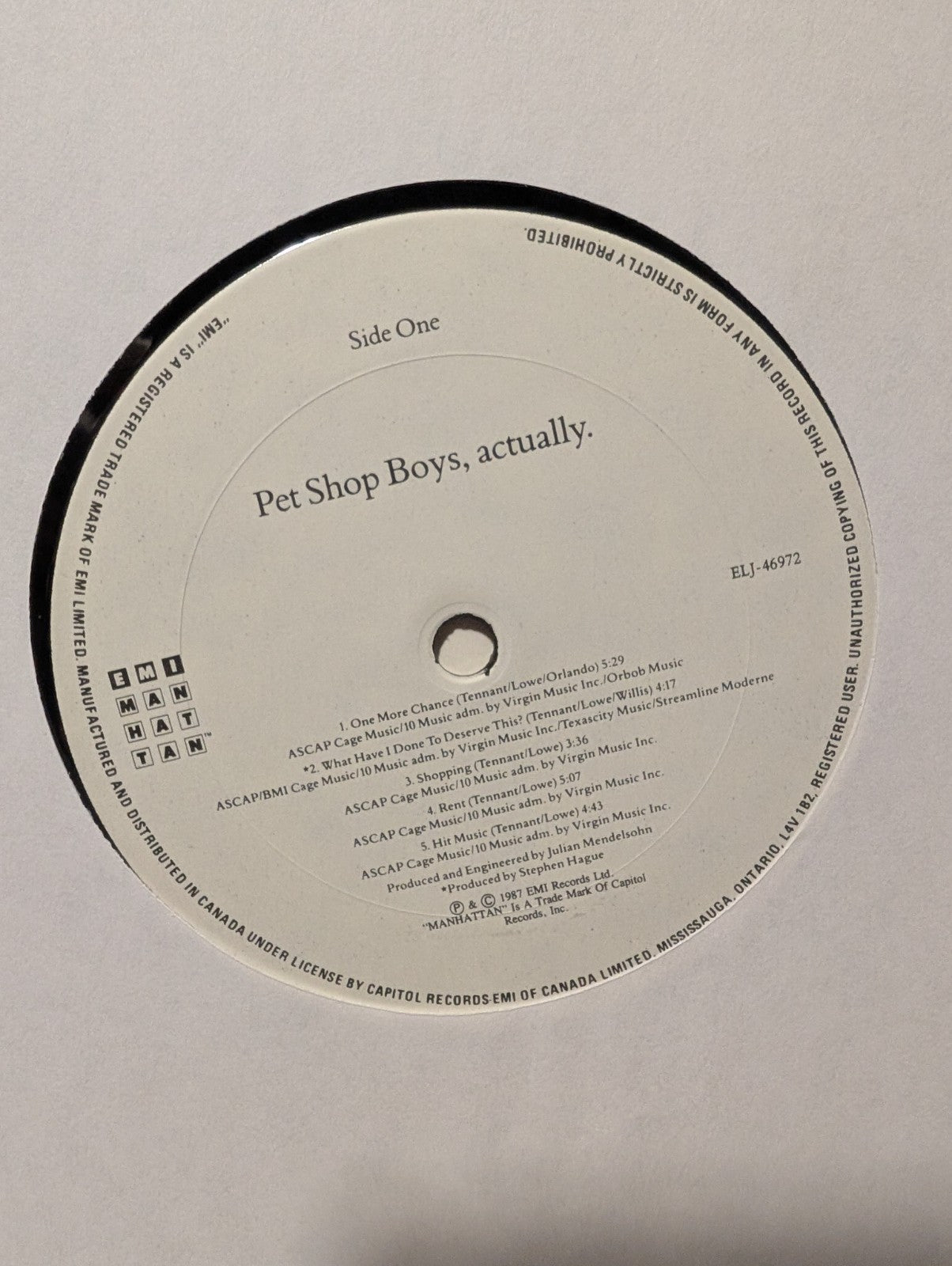 Pet Shop Boys – Actually, 1987 LP, EMI Canada ELJ 469724