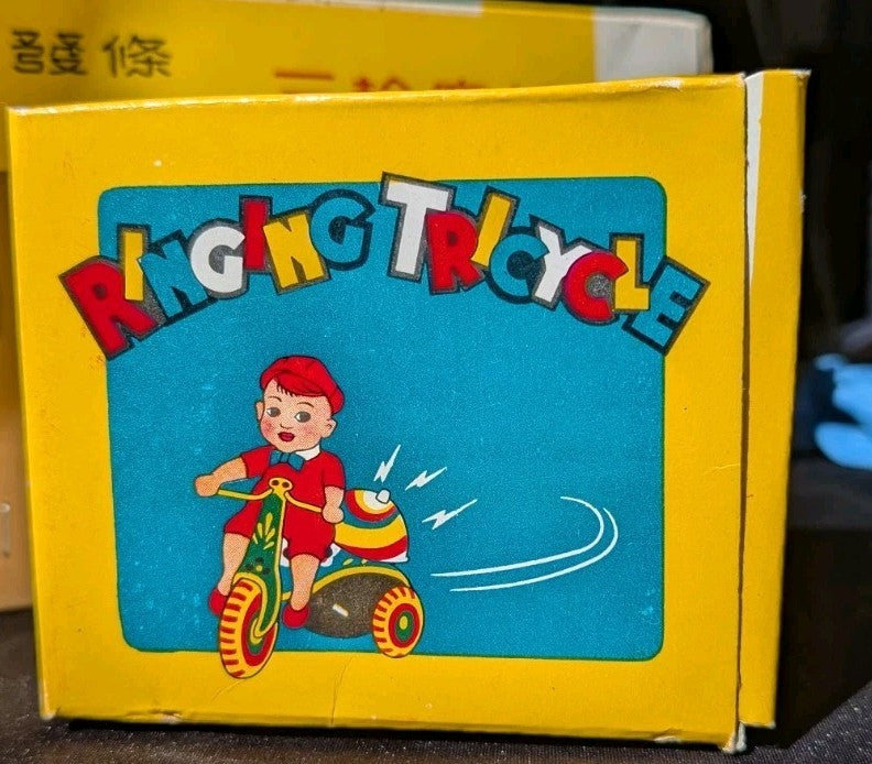 Vintage 1950'm'Ringing Tricycle' + box, tin toy0