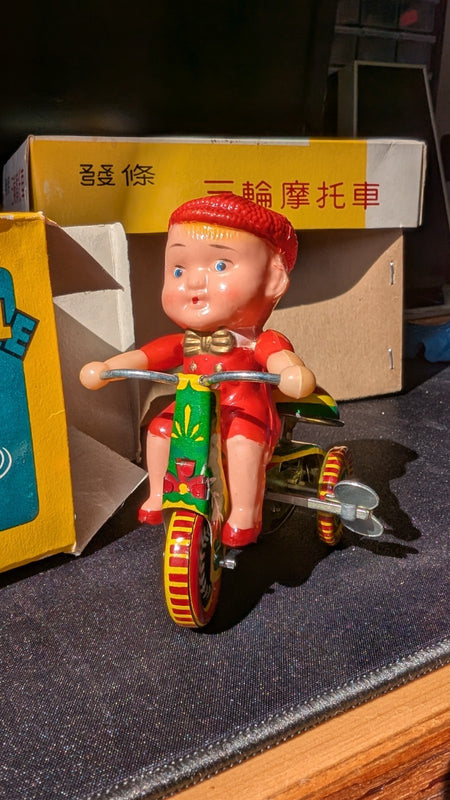Vintage 1950'm'Ringing Tricycle' + box, tin toy5