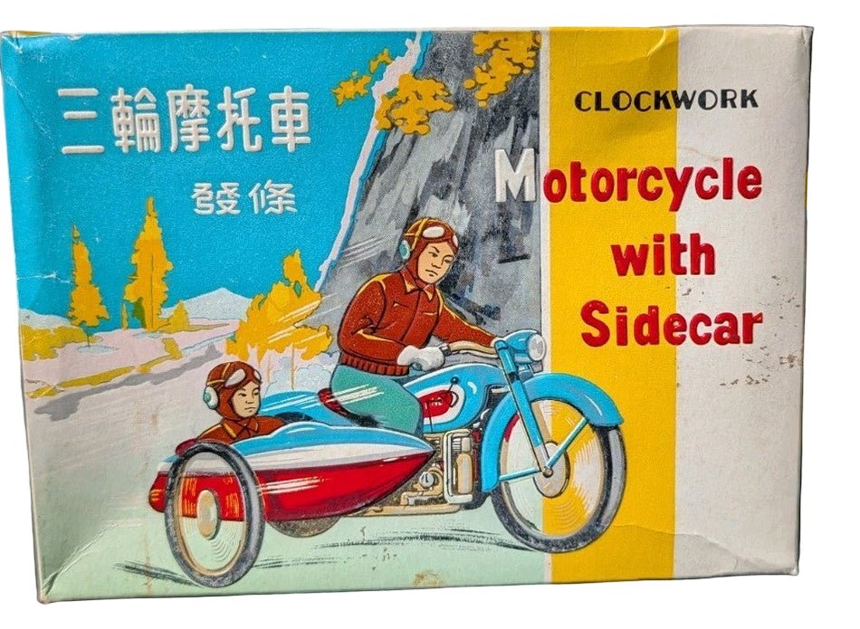 VINTAGE TIN LITHO WIND UP CLOCKWORK SIDECAR MOTORCYCLE MS 709 WITH BOX - WORKS