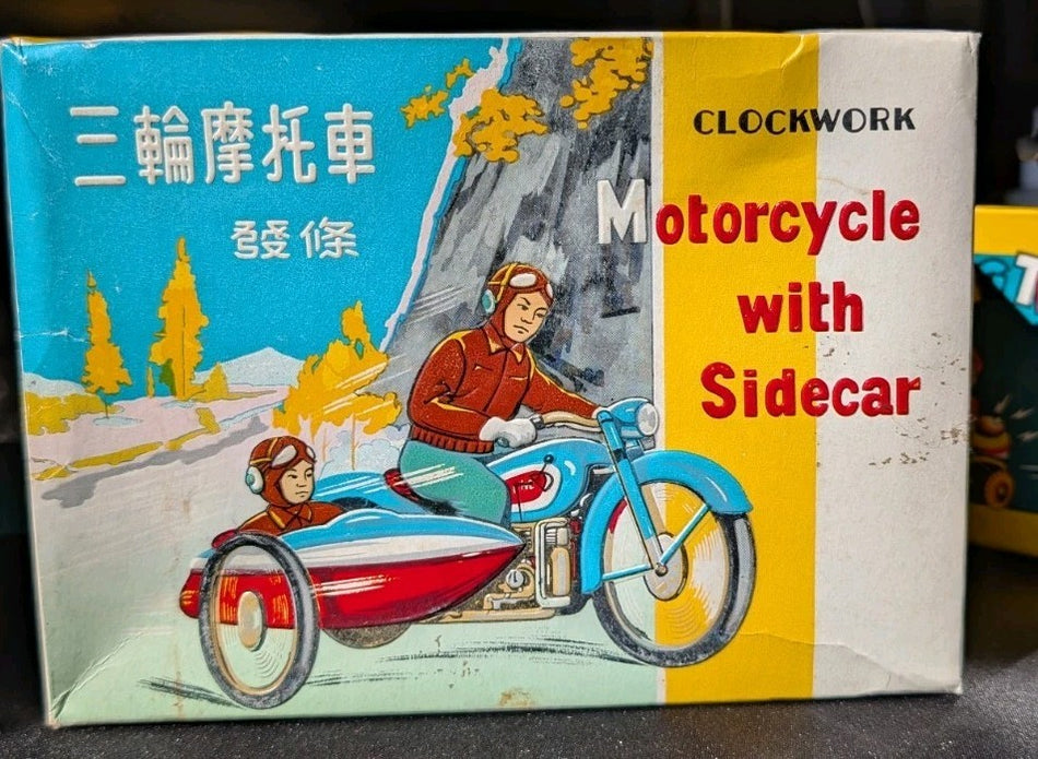 TIN LITHO WIND UP CLOCKWORK SIDECAR MOTORCYCLE MS 709 WITH BOX   WORKS0