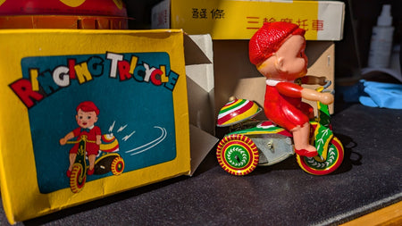 Vintage 1950'm'Ringing Tricycle' + box, tin toy4