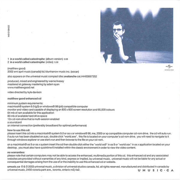 Matthew Good-In A World Called Catastrophe-Canada, CD, Single *New*