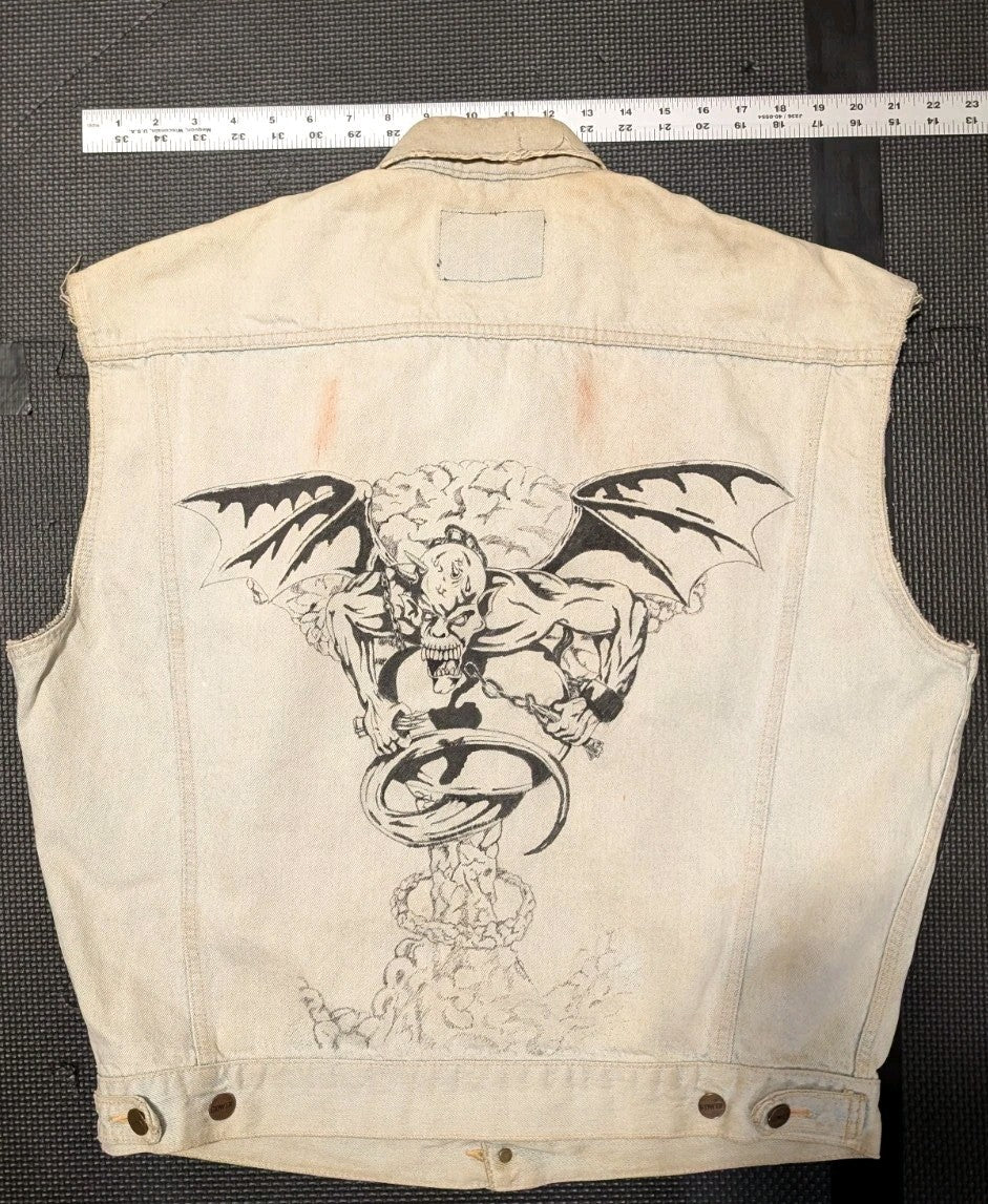 Vtg-Edwin Jeans- Custom Denim Vest - Hand Drawn- Distressed SzM