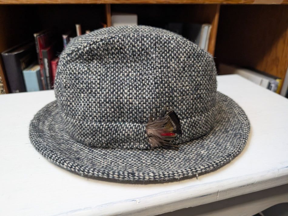 Vintage Jonathan Richard 100% wool fedora feathered hat Donegal Tweed Small