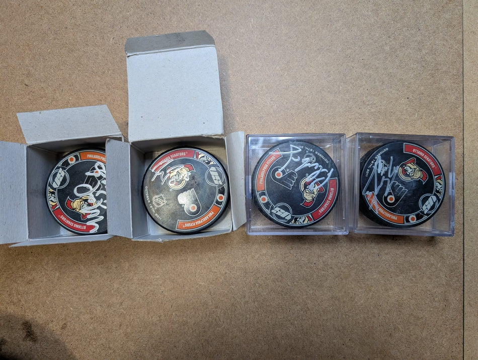 Hockey Fights Cancer - Autographed Puck Lot - Regin, Reeds, Coburn, Maclean